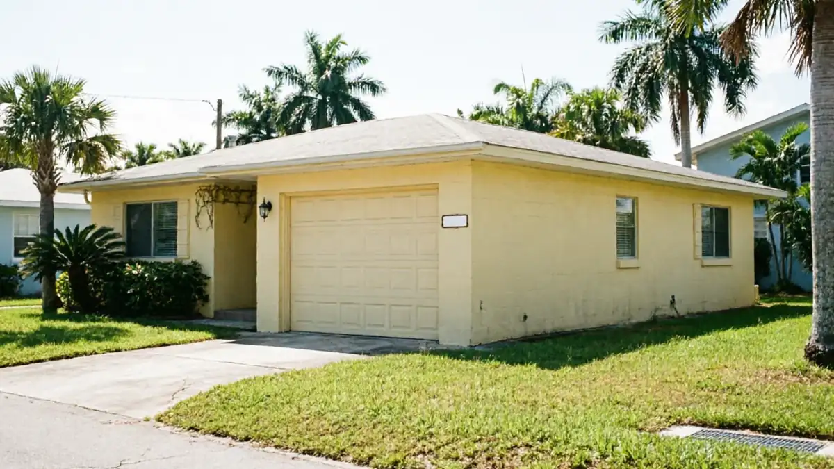 A light yellow house with a closed garage door and palm trees in the yard.