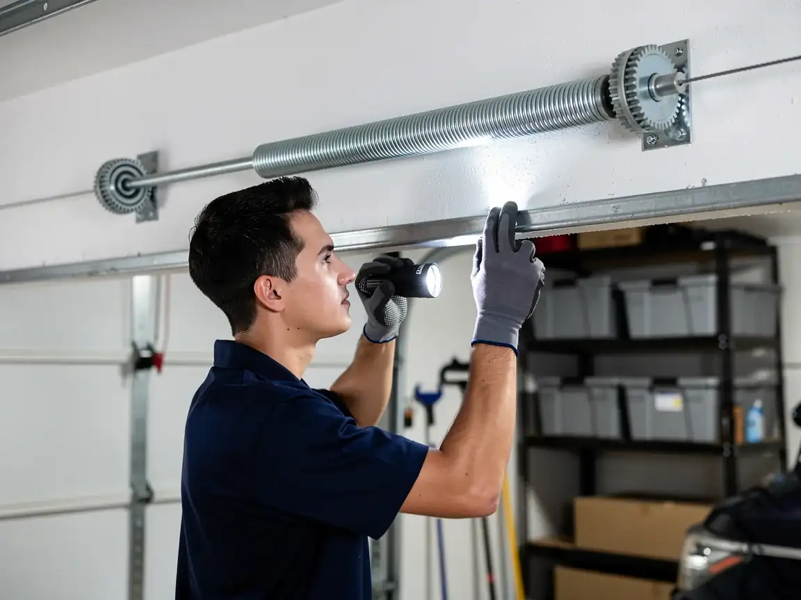 A technician in a blue shirt and gloves inspects a garage door track with a flashlight.