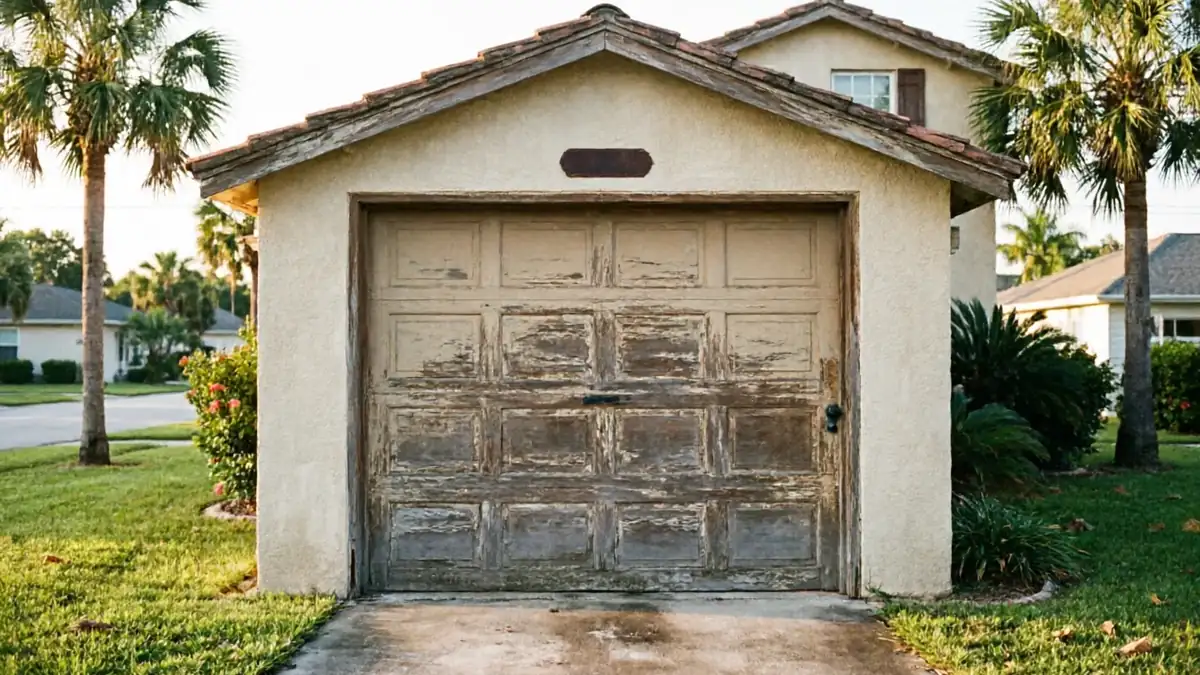 The garage door is old and weathered with peeling paint.