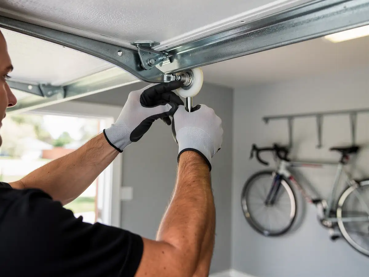 A technician in gloves adjusts a garage door roller on its track.