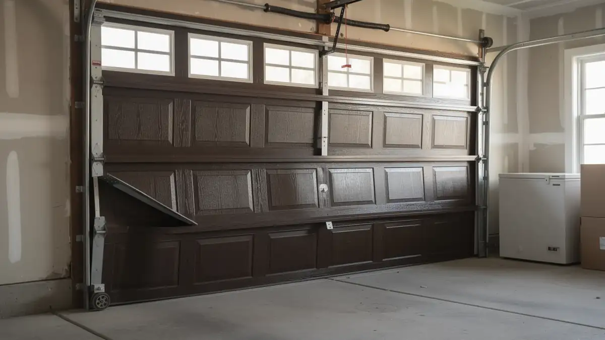 A brown garage door is off its track with one panel bent inward.