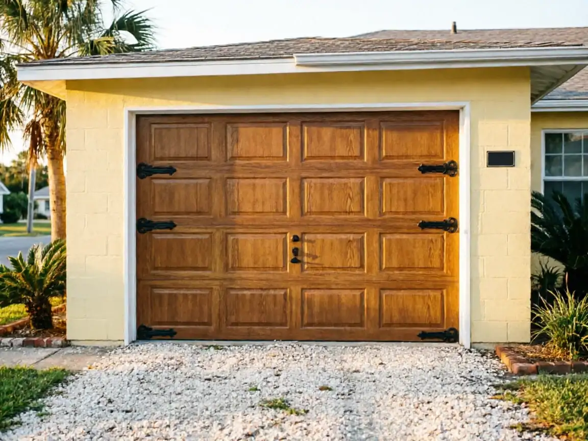 A brown wooden garage door with decorative black hardware on a yellow house.